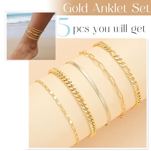 iF YOU Gold Ankle Bracelets for Women, 14k Gold Plated Waterproof Cuban Link Chain Anklets Set, Layered Anklet Bracelets f...