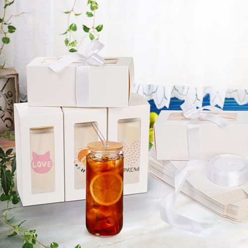 Mezchi 50 Pack Tumbler Gift Box with Window & Ribbon for Sublimation, Glass Cup Packaging for 12oz 16oz 20oz Drinking Jar...