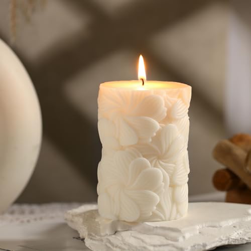 Threlaco Flower Pillar Candle Sculptured Ribbed Pillar Candle 3.8 x 2.6 inch Handmade Soy Wax Aesthetic for Wedding Gift B...