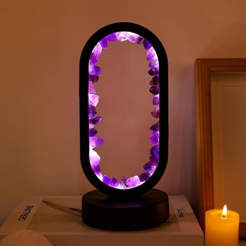 Runyangshi Crystal Lamp Amethyst Raw Stone Ellipse Night Lamp Natural Healing Crystal Night Light Table Lamp Base USB Port...