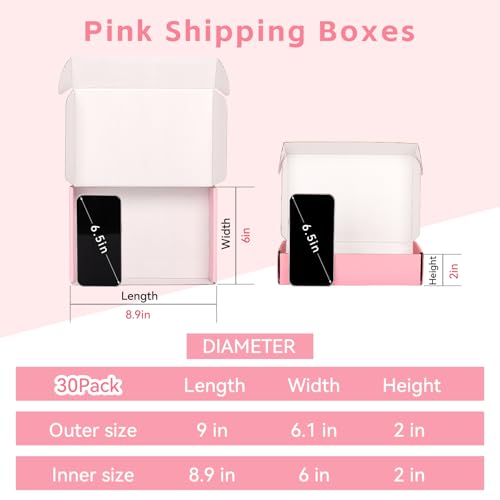 OUGEBOX 30 Pack 9x6x2 Pink Shipping Boxes for Packaging Small Business, Corrugated Cardboard Boxes for Shipping Packing Ma...