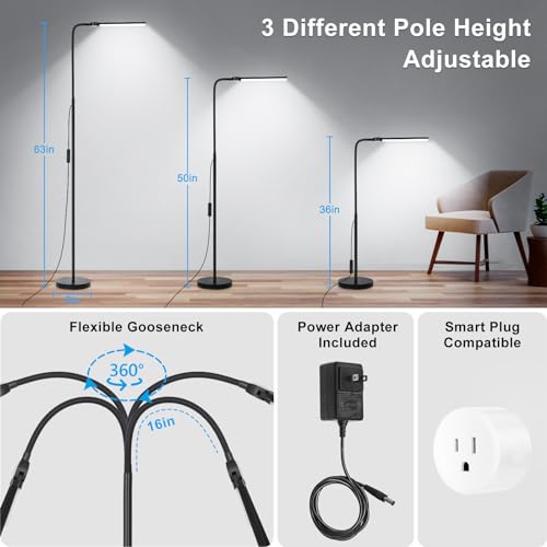 LED Floor Lamp, 18W/2000LM Bright Reading Floor Lamp for Office with Double Head, Adjustable Gooseneck Dimmable Modern Sta...