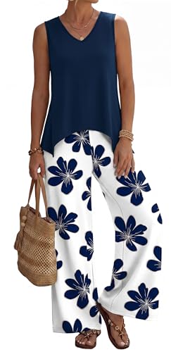 WIHOLL Two Piece Sets for Women Dressy Lounge Sets Summer Outfits Cruise Travel Beach Vacation Casual Wide Leg Pants Set
