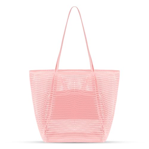 Tavaleu Mesh Beach Bag, Beach Bags for Women, Woven Straw Beach Tote Bag Waterproof with Inner Pocket, Packable Beach Bag