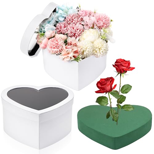 Nuenen Heart Gift Boxes with Lid & Floral Foam Set, Flower Gift Box with Clear Cellophane 9.8 x 9 x 5 Inches for Mother's ...