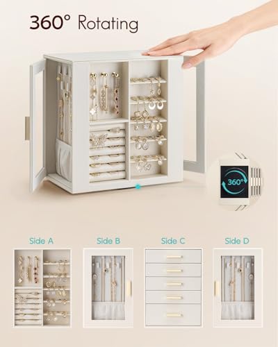 VLANDO 360ｰ Rotating Jewelry Box with 5 Drawers, Mothers Day Mom Gifts, Large Jewelry Storage with 2 Glass Window, PU Leat...