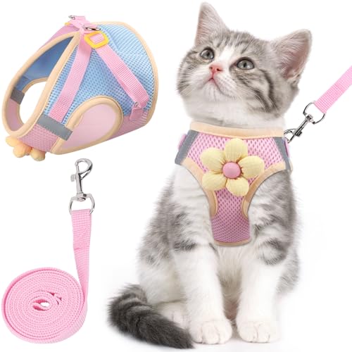 Cat Harness and Leash Set for Walking Escape Proof, Adjustable Kitten Harness Breathable Mesh with Reflective Strips Harne...
