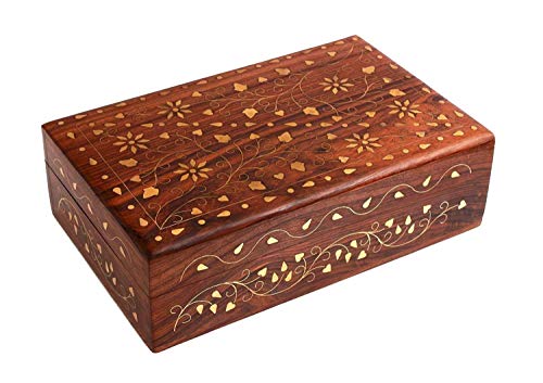 Ajuny Hand Carved Wooden Decorative Jewelry Storage Box with Floral Carvings Design Brass Inlay Keepsake Travel Treasure C...