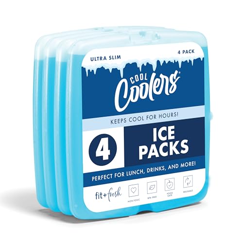 Cool Coolers By Fit & Fresh 4 Pack Slim Ice Packs, Quick Freeze Space Saving Reusable Ice Packs for Lunch Boxes or Cooler...