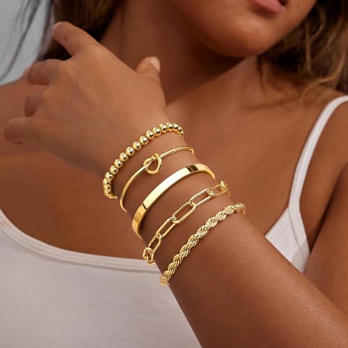 Gokeey Gold Bracelets Set for Women Non Tarnish, Waterproof 14K Gold Plated Sterling Silver Chunky Cuff Bracelet Stackable...
