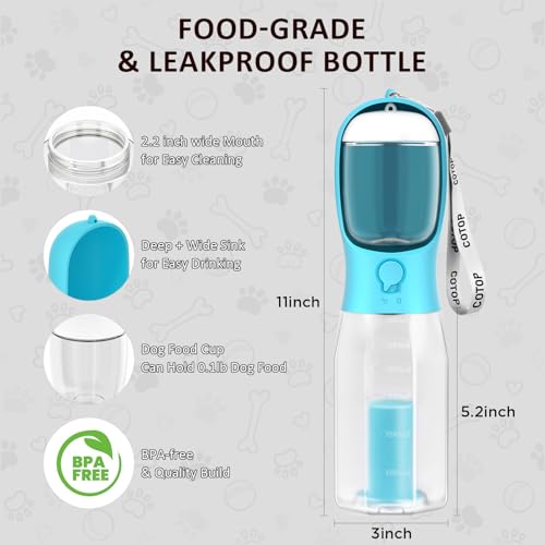 20oz Dog Water Bottle with Food Container & Poop Bag Dispenser | Leak-Proof Portable Pet Water Dispenser with Carabiner Cl...