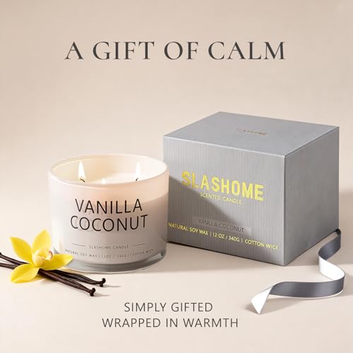 Vanilla Coconut Scented Candle, Luxury Large 3 Wick Soy Candle 12 Oz, 60+ Hour Long Lasting Clean Burn, Elegant Aromathera...