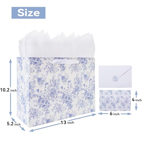 13'' Large Blue Floral Gift Bag Set with Handles, Greeting Card, White Tissue Papers and Stickers for Women Girls for Birt...