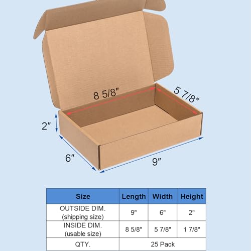Wowxyz Shipping Boxes 9x6x2" 25 Pack - Brown Corrugated Cardboard Mailing Box for Small Business, Kraft Medium Literature ...