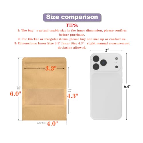 50 Pcs 4x6 Inch Kraft Paper Bags with Transparent Window, Stand Up Pouches,Smell Proof Bags,Resealable Bags for Small Busi...