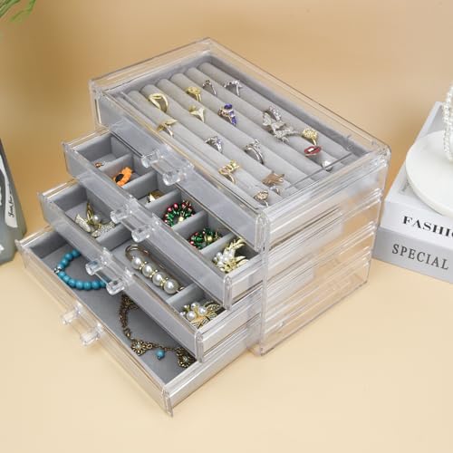 Weiai Acrylic Jewelry Organizer, Clear Jewelry Box with 4 Drawers, Jewelry Case Storage for Women (Gray)