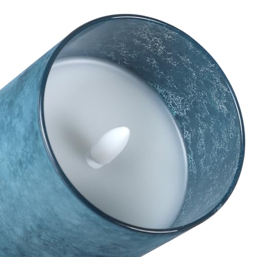 HJANDHJ Blue Flickering Flameless Candles with Remote - Handmade Sandblast Glass Battery Operated LED Pillar Candles for H...