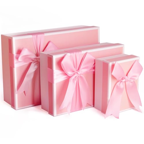 Airuisike Gift Boxes With Lids For Presents, Set Of 3 Pink Gift Wrap Boxes With Ribbon, Assorted Boxes For Presents, Sturd...