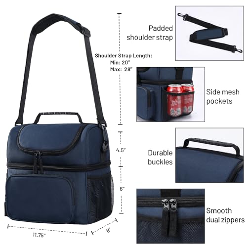 MIER Mens Insulated Lunch Box, Dual Compartment Large Lunch Bag Coolers with Shoulder Strap for Men Women Adult to Office ...
