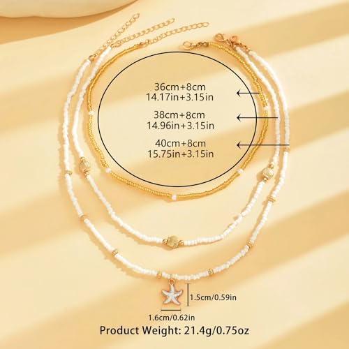 Shell Starfish Necklace for Women, 14k Gold Plated Boho Layered Beaded Charm Pendant Necklace, Dainty Adjustable Pearl Con...