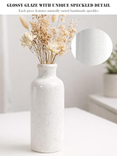 Sikkis Small White Speckled Ceramic Vase Set of 3, Decorative Modern Vases for Shelf, Table, Living Room, Dried Flowers