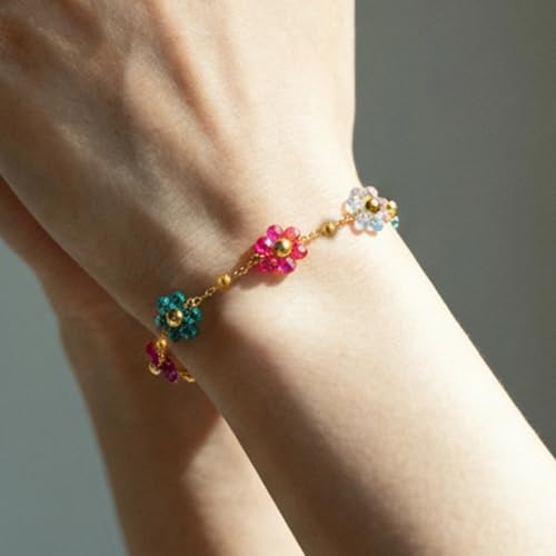 VceTd Bohemian Beaded Necklace and Bracelet Set for Women, Colorful/Pink/Green/Rose Red Daisy Flower Pendant with 18K Gold...