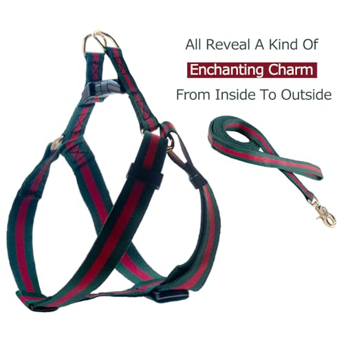 Echentie Dog Hamess and Leash,Large Size, Green, Striped, Nylon, No Pull, EasyWear, Luxury, Durable, 5ft Leash