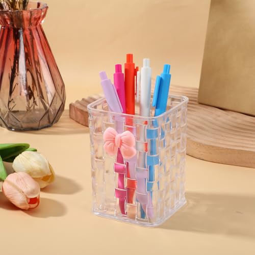 Hecila Makeup Brush Holder Pen Holder for Desk Acrylic Makeup Brush Holderswith Woven Texture Pencil Organizer with Bow El...