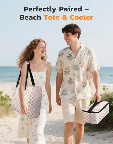 ISEYOU Beach Bag and Cooler Bag Set, 45L Waterproof XXL Foldable Tote with Zipper, 8 Pockets for Pool, Picnic, Travel
