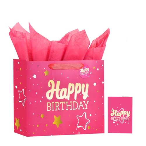 Powbrace 13" Pink Happy Birthday Gift Bag with Tissue Paper and Greeting Card for Party,Happy Birthday Gift Bag for Men Wo...