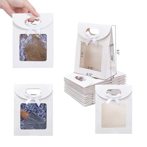 NBEADS 24 Pcs Small White Kraft Paper Bags with Window, 6.3x4.72x2.44inch Stand Up Gift Bag with Handles and Bowknot for C...