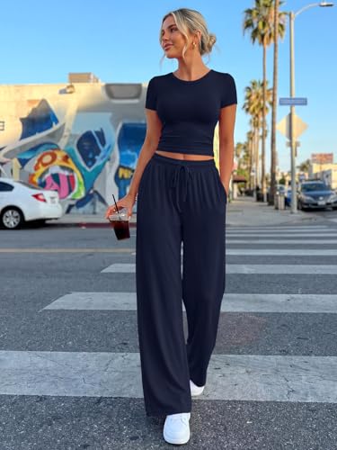 Trendy Queen 2 Piece Matching Summer Lounge Set Womens Side Ruching Top Wide Leg Pants Sets with Pockets