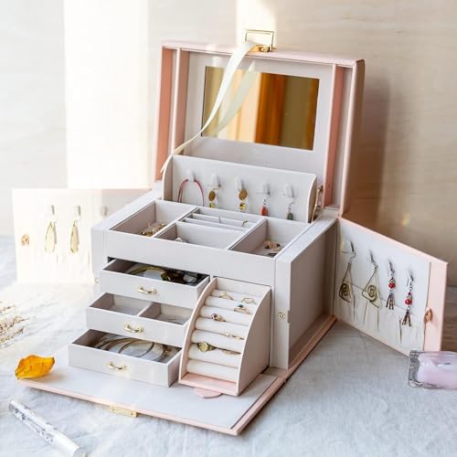 Vlando Jewelry Box Organizer for Girls Women, Large Baroque Jewelry Holder Organizer with Mirror, 3 Drawers for Bracelets,...