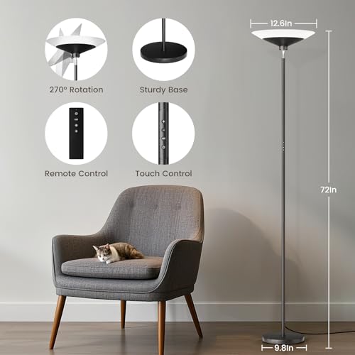 SIBRILLE Torchiere Floor Lamp - 72" Tall LED Standing Lamp with Remote/Button Control, 1800Lm, 3000-6500K, 30W Dimmable Mo...