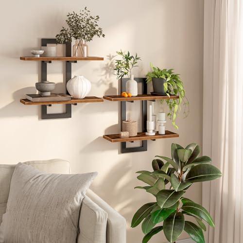 HOOBRO Floating Shelves, 15 Inch Wall Shelf Set of 2, Wall Mounted Storage Shelves 2-Tier, Hanging Bathroom Shelves, for L...