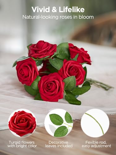 InnoGear Artificial Flowers, 50 Pcs Dark Red Foam Fake Roses Bulk with Stems for Mother's Gift Decoration Celebration DIY ...