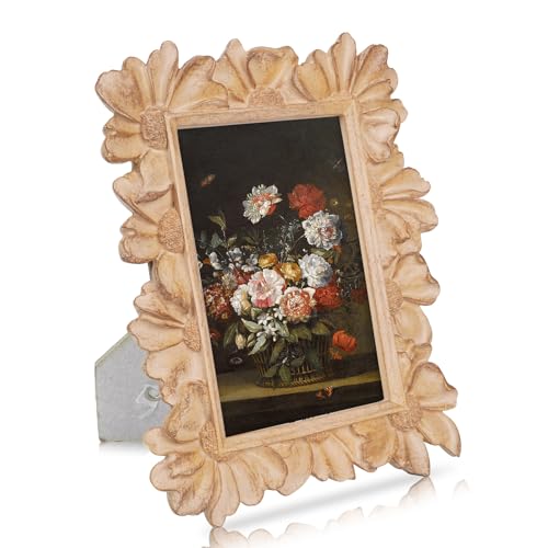 Vintage Picture Frames 4x6, Antique White Beige Ornate Flower Picture Frame with Real Glass, Floral Petal Resin Photo Fram...