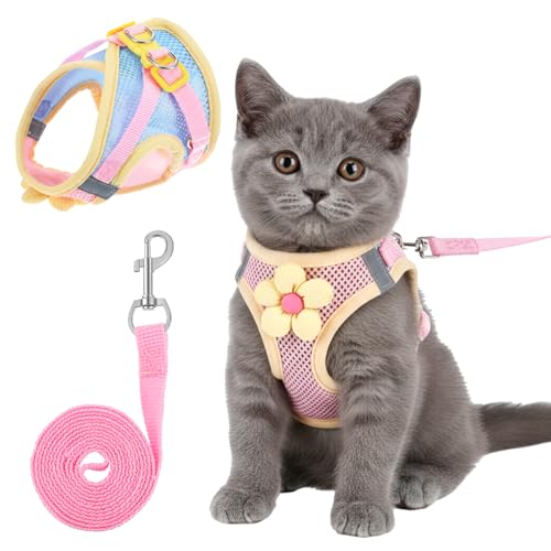 Cat Harness and Leash Set for Walking Escape Proof Adjustable Kitten Harness Breathable Mesh with Reflective Strips Lightw...