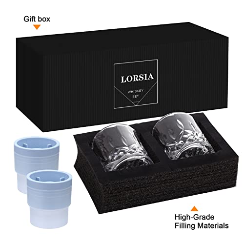 Whiskey Rocks Glass, Set of 4 (2 Crystal Bourbon Glasses, 2 Round Big Ice Ball Molds) In Gift Box - 10 Oz Old Fashioned Gl...