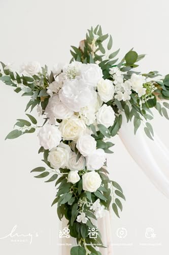 Ling's moment Artificial Wedding Arch Flowers Kit Pack of 4, 2pcs Hanging Silk Flowers Arrangement 2pcs Chiffon Drapes Cer...