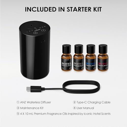 Scentbots Waterless Essential Oil Diffuser Starter Kit with 4 x 10mL Hotel Scent Fragrance Oils, Battery Operated Mini Sce...
