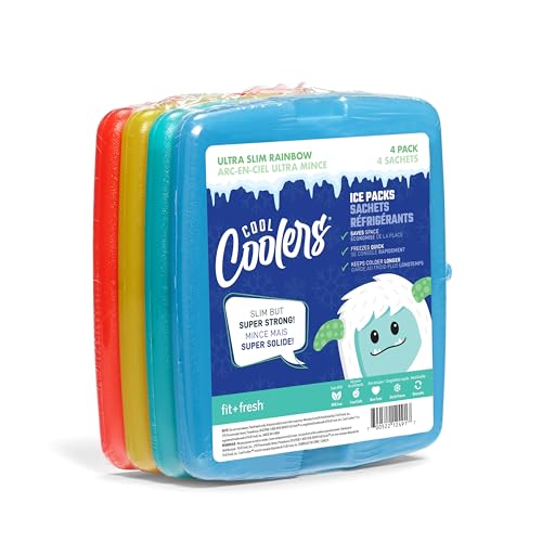 Cool Coolers By Fit & Fresh 4 Pack Slim Ice Packs, Quick Freeze Space Saving Reusable Ice Packs for Lunch Boxes or Cooler...