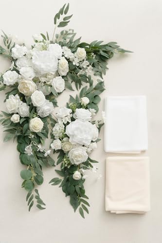 Ling's moment Artificial Wedding Arch Flowers Kit Pack of 4, 2pcs Hanging Silk Flowers Arrangement 2pcs Chiffon Drapes Cer...