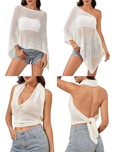 Vicarly Drop Shoulder Sheer Crochet Vacation Outfits Poncho Sweater Top Summer Beach Cover Up