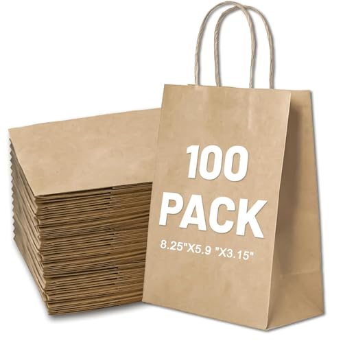 LIHOMR Gift Bags 8.25" X5.9 X3.15 100pcs Brown Kraft Paper Bag with Handles for Small Business Christmas Bulk, Wedding, Pa...