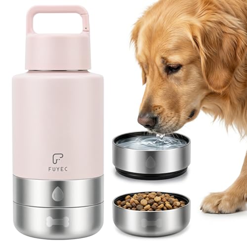 FUYEC Dog Water Bottle 32oz, Insulated Stainless Steel Travel Water Dispenser with 2 Detachable Dog Bowls for Food and Wat...