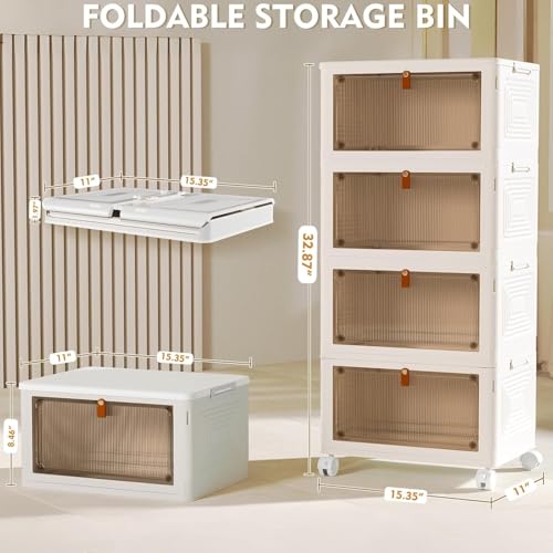 YFXCVSL 4 Tier Plastic Storage Bins with Lid 23QT, Stackable Storage Containers with Wheels, Folding Storage Boxes, Stacka...