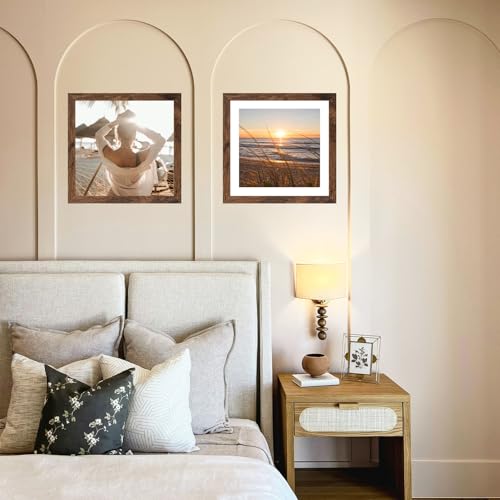 QOTIB Wood 10x10 Picture Frame with 8x8 Mat Deep Brown, Display 8x8 with Mat or 10x10 Without Mat, Wood 10 by 10 Photo Fra...