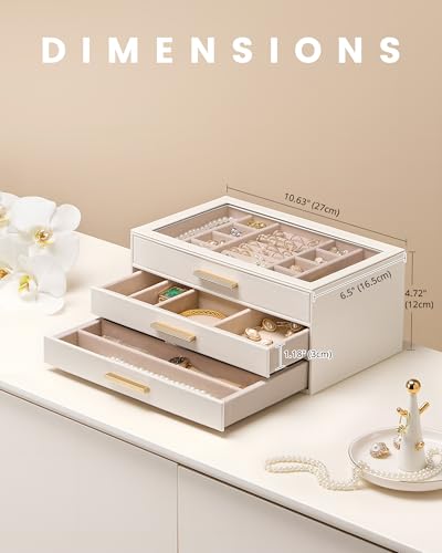 Lolalet Jewelry Box Organizer, 3-Layer Jewelry Organizers and Storage Case with Glass Lid, Ring Earring Bracelet Necklace ...