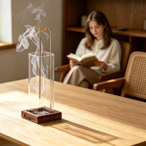 Ceremony Incense Holder, Wooden Incense Holder for Sticks with Glass Ash Catcher, Anti-ash Incense Burner with 20 Incense ...